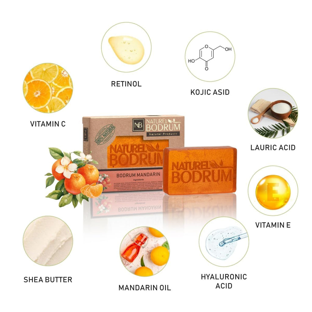 Natural Bodrum Mandarin Orange Organic Soap Bar – 3-Pack Glycerin Soap with Vitamin C