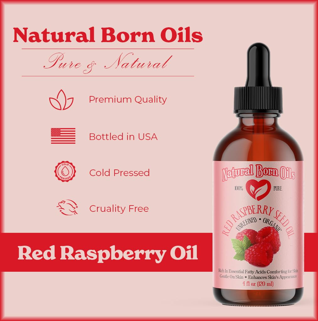 Natural Born Oils Red Raspberry Seed Oil – Organic Cold-Pressed Carrier Oil for Skin & Hair (4oz)