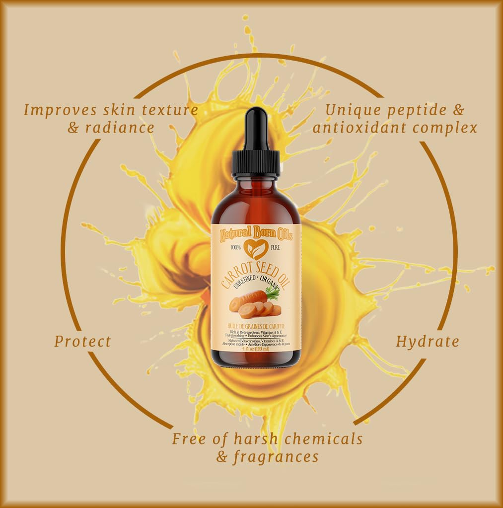 Natural Born Oils Carrot Seed Oil, 4oz – Organic, Cold-Pressed, Skin & Hair Care