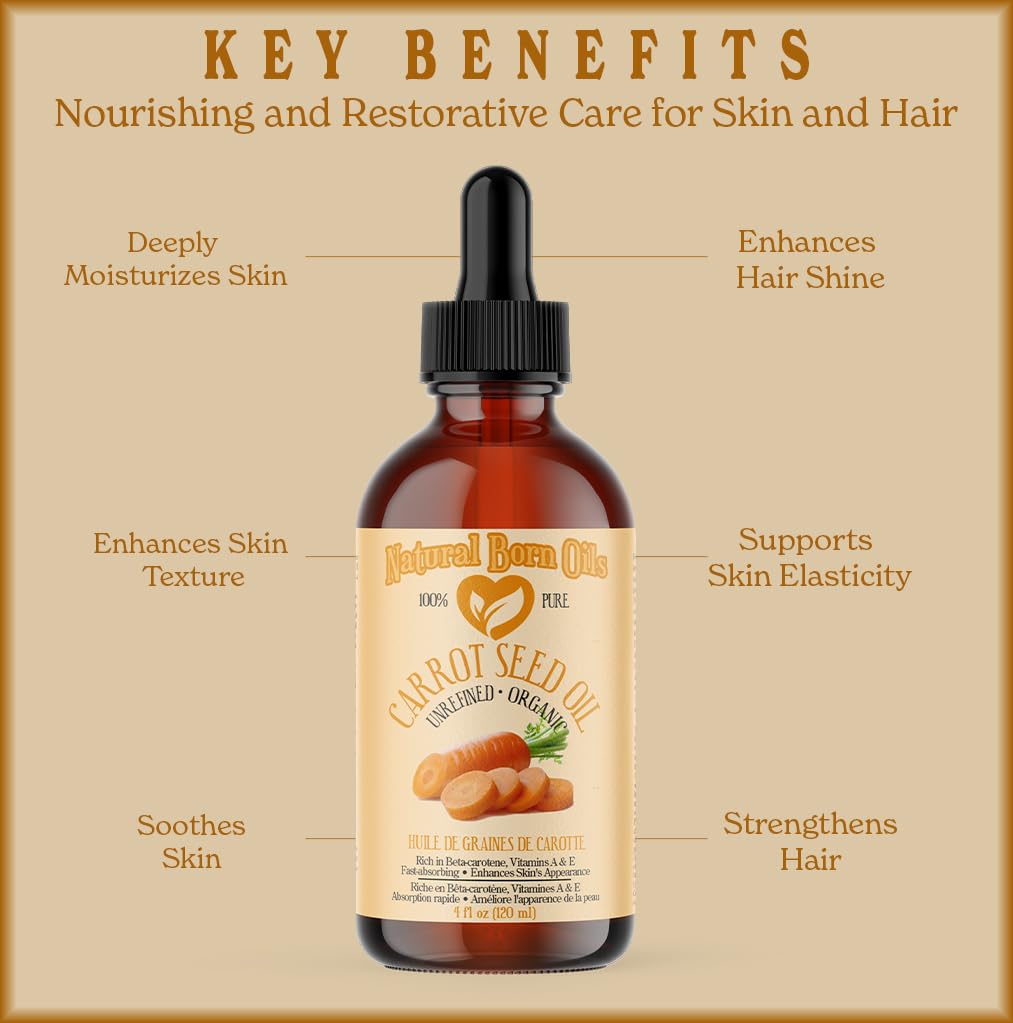 Natural Born Oils Carrot Seed Oil, 4oz – Organic, Cold-Pressed, Skin & Hair Care