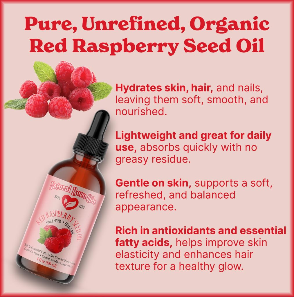 Natural Born Oils Red Raspberry Seed Oil – Organic Cold-Pressed Carrier Oil for Skin & Hair (4oz)