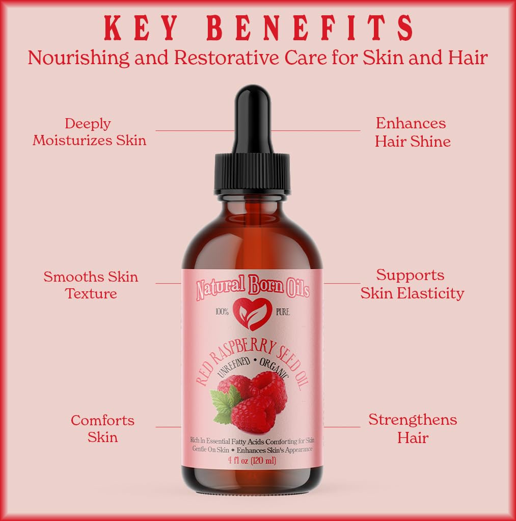 Natural Born Oils Red Raspberry Seed Oil – Organic Cold-Pressed Carrier Oil for Skin & Hair (4oz)