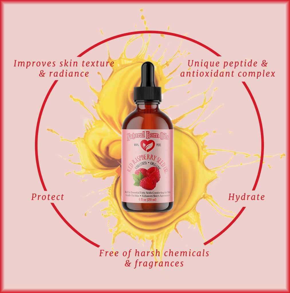 Natural Born Oils Red Raspberry Seed Oil – Organic Cold-Pressed Carrier Oil for Skin & Hair (4oz)