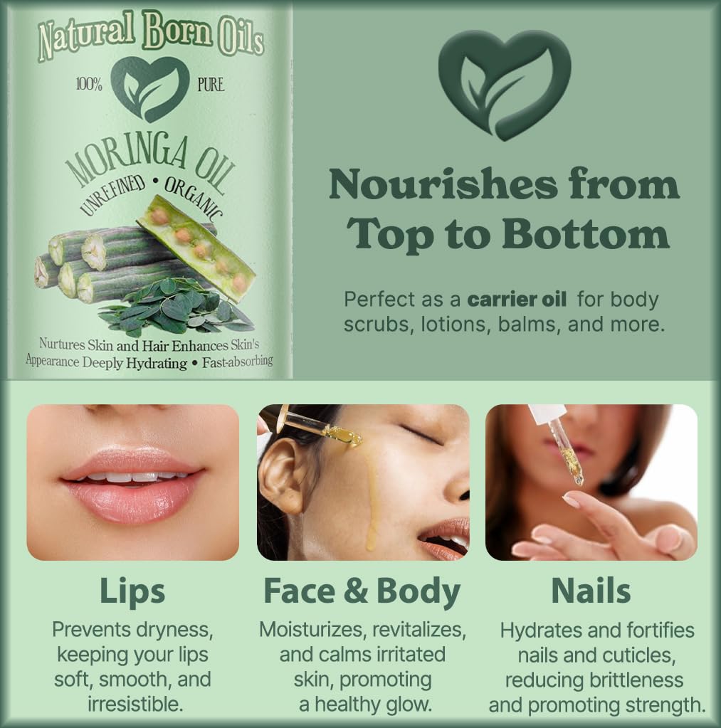 Natural Born Oils Moringa Oil – Organic Cold-Pressed 8oz, Rich in Vitamins A & C, Moisturizes Skin & Hair