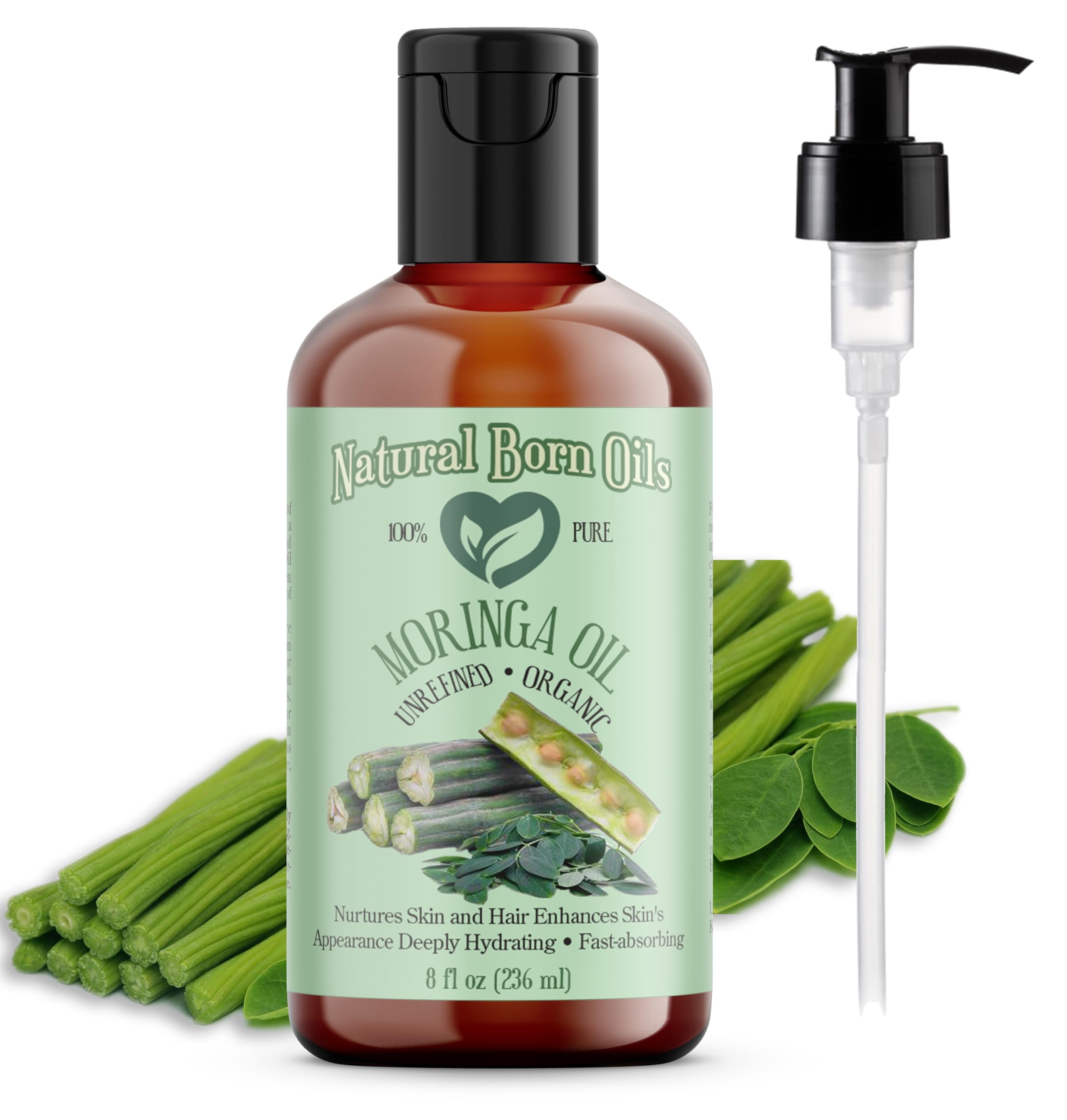 Natural Born Oils Moringa Oil – Organic Cold-Pressed 8oz, Rich in Vitamins A & C, Moisturizes Skin & Hair