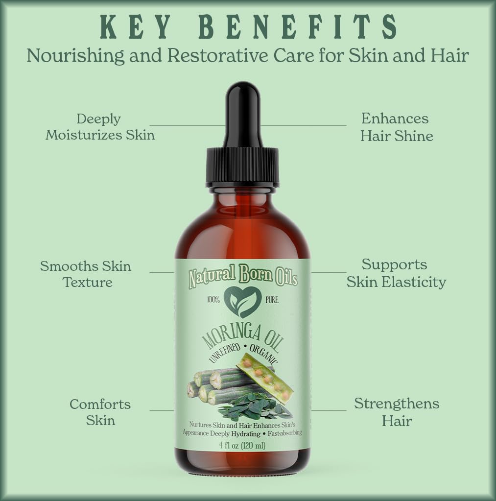 Natural Born Oils Moringa Oil – Organic Cold-Pressed 8oz, Rich in Vitamins A & C, Moisturizes Skin & Hair