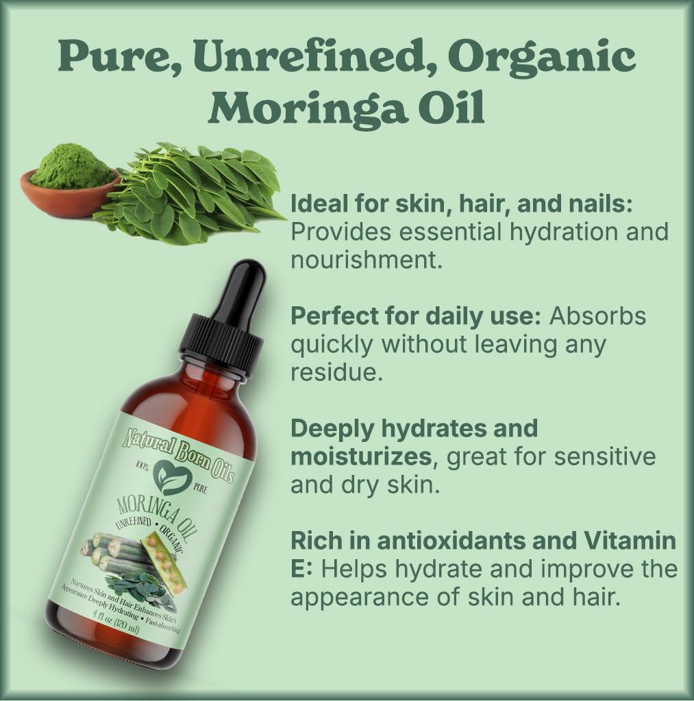 Natural Born Oils Moringa Oil – Organic Cold-Pressed 8oz, Rich in Vitamins A & C, Moisturizes Skin & Hair