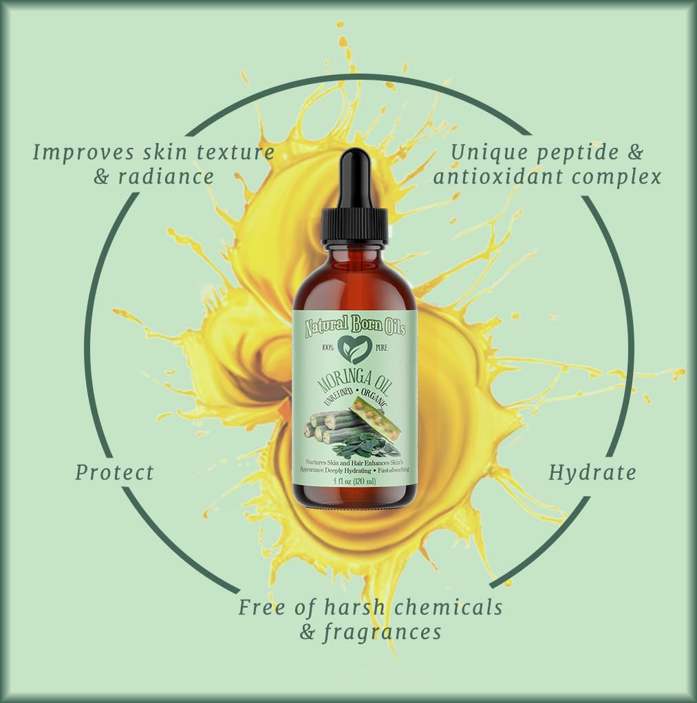 Natural Born Oils Moringa Oil – Organic Cold-Pressed 8oz, Rich in Vitamins A & C, Moisturizes Skin & Hair