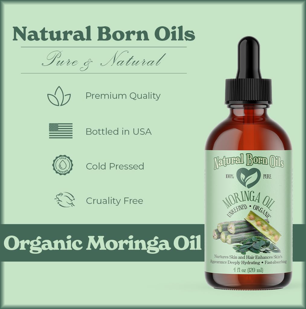 Natural Born Oils Moringa Oil – Organic Cold-Pressed 8oz, Rich in Vitamins A & C, Moisturizes Skin & Hair