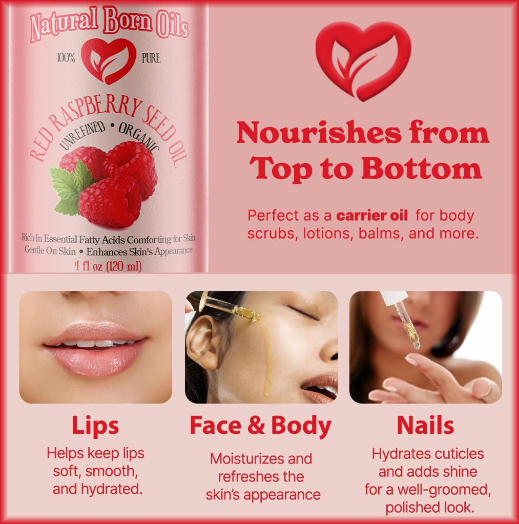 Natural Born Oils Red Raspberry Seed Oil – Organic Cold-Pressed Carrier Oil for Skin & Hair (4oz)