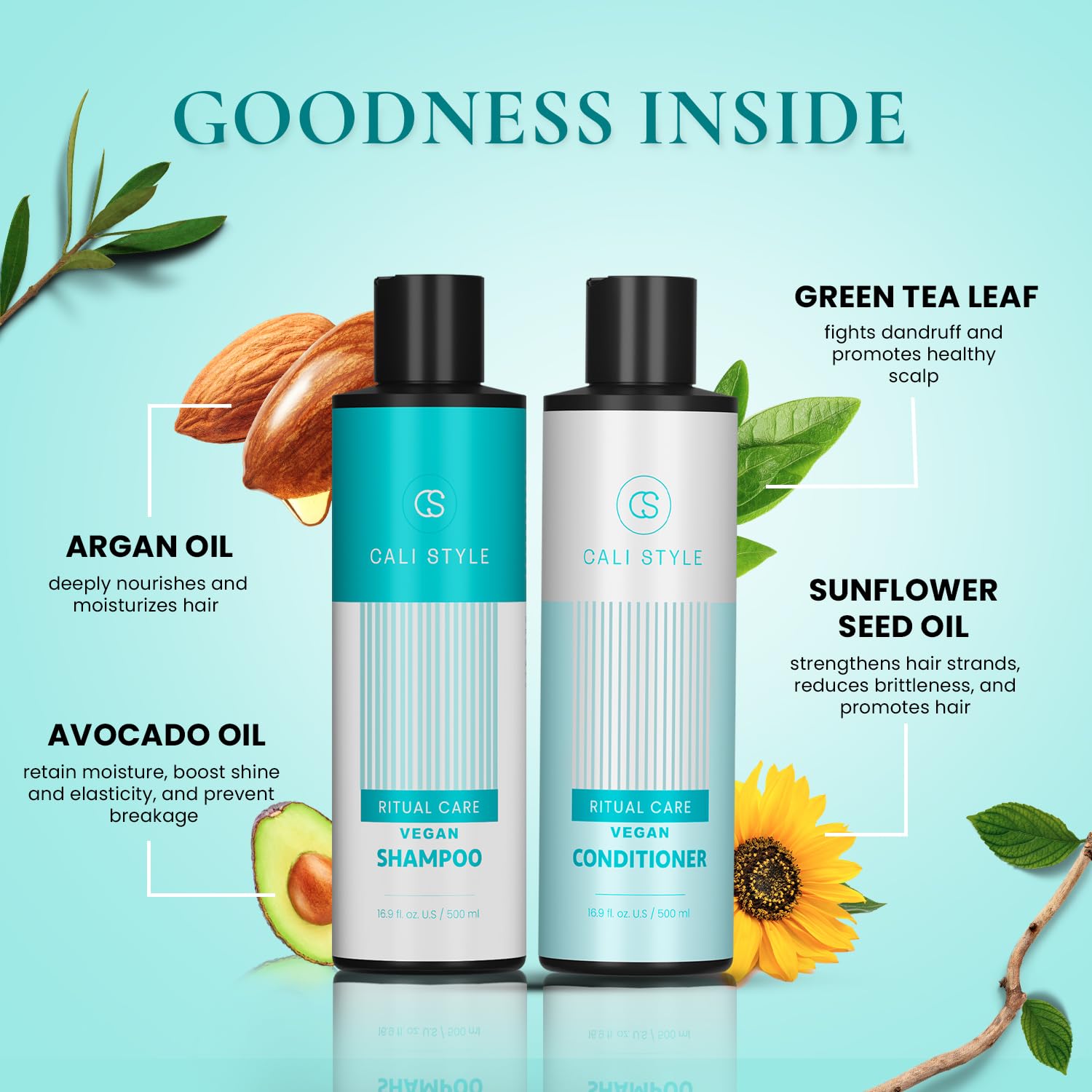 Natural Cosmetic Labs Cali Style Shampoo & Conditioner Set for Dry & Damaged Hair — Vegan, Sulfate- & Paraben-Free, 16.9 oz