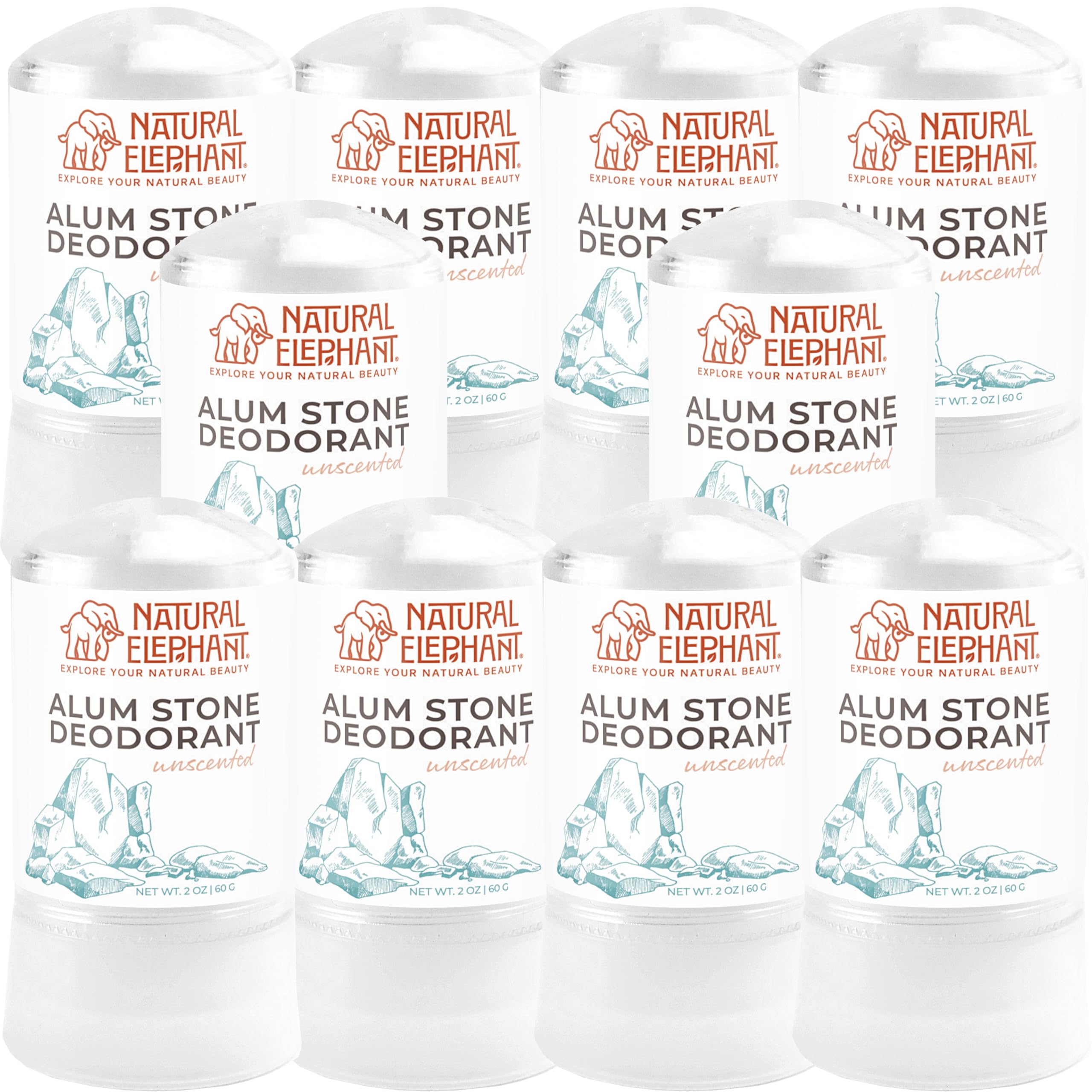 Natural Elephant Alum Stone Deodorant Stick 60g – Unscented, Aluminum-Free Salt Stone for Men & Women (10 Pack)