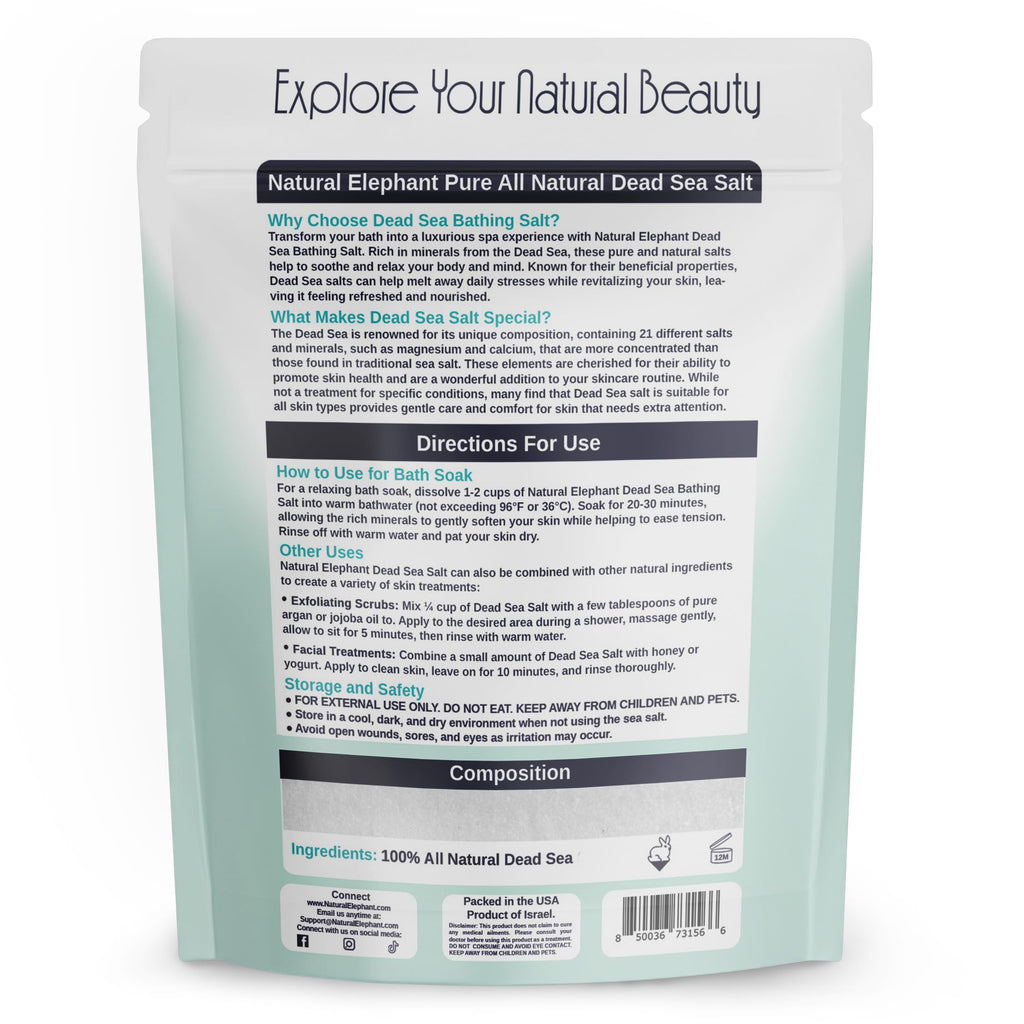 Natural Elephant Dead Sea Salt for Soaking & Bathing | 19 lb Fine-Grain Bulk Bag | 100% Natural & Pure