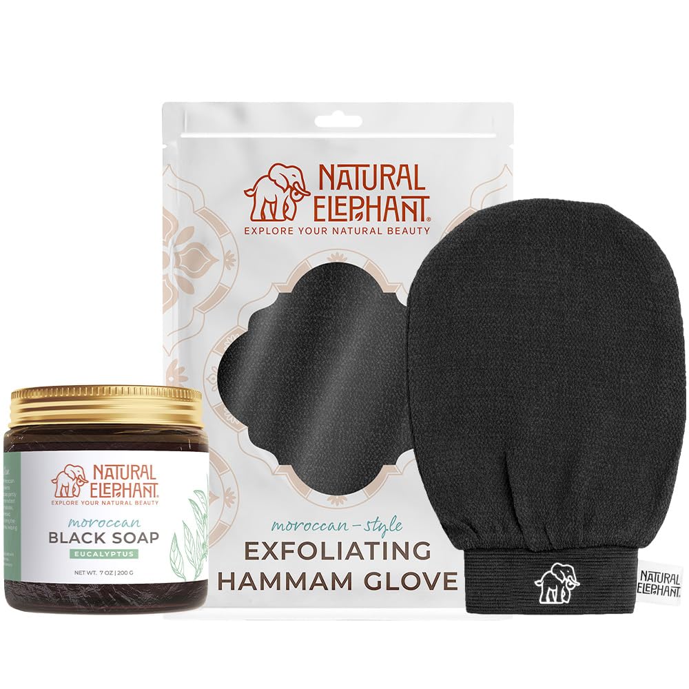 Natural Elephant Moroccan Black Soap 200g + Exfoliating Hammam Glove (Pure Black)