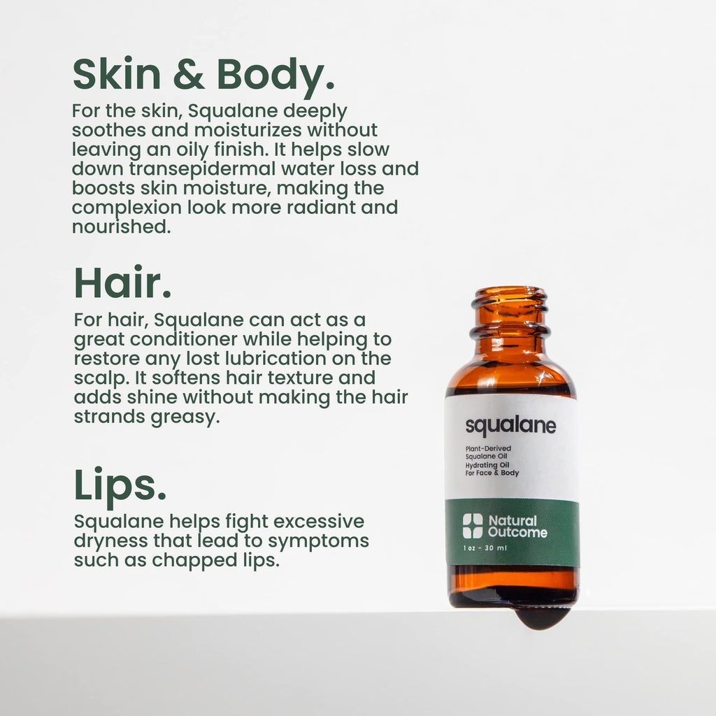 Natural Outcome Pure Squalane Oil — 100% Plant-Derived, Weightless Moisturizer for Face, Body, Hair & Lips | 1 oz