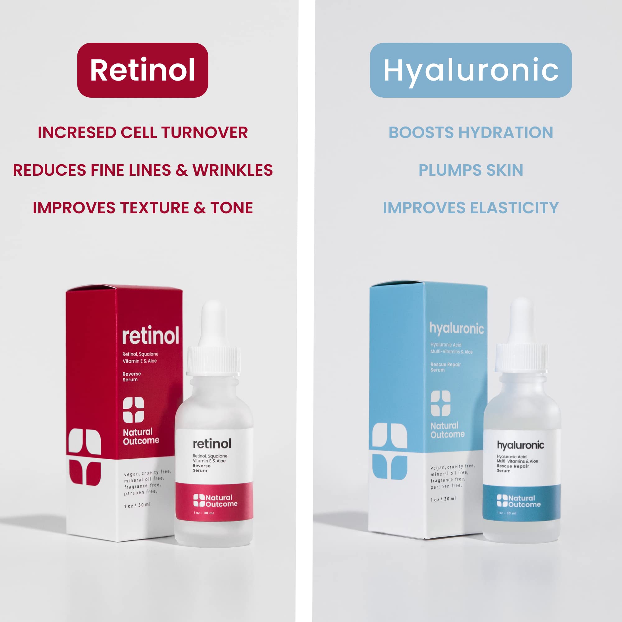 Natural Outcome Hydrating Hyaluronic Acid Serum + Retinol Facial Serum Set | 1 oz Each
