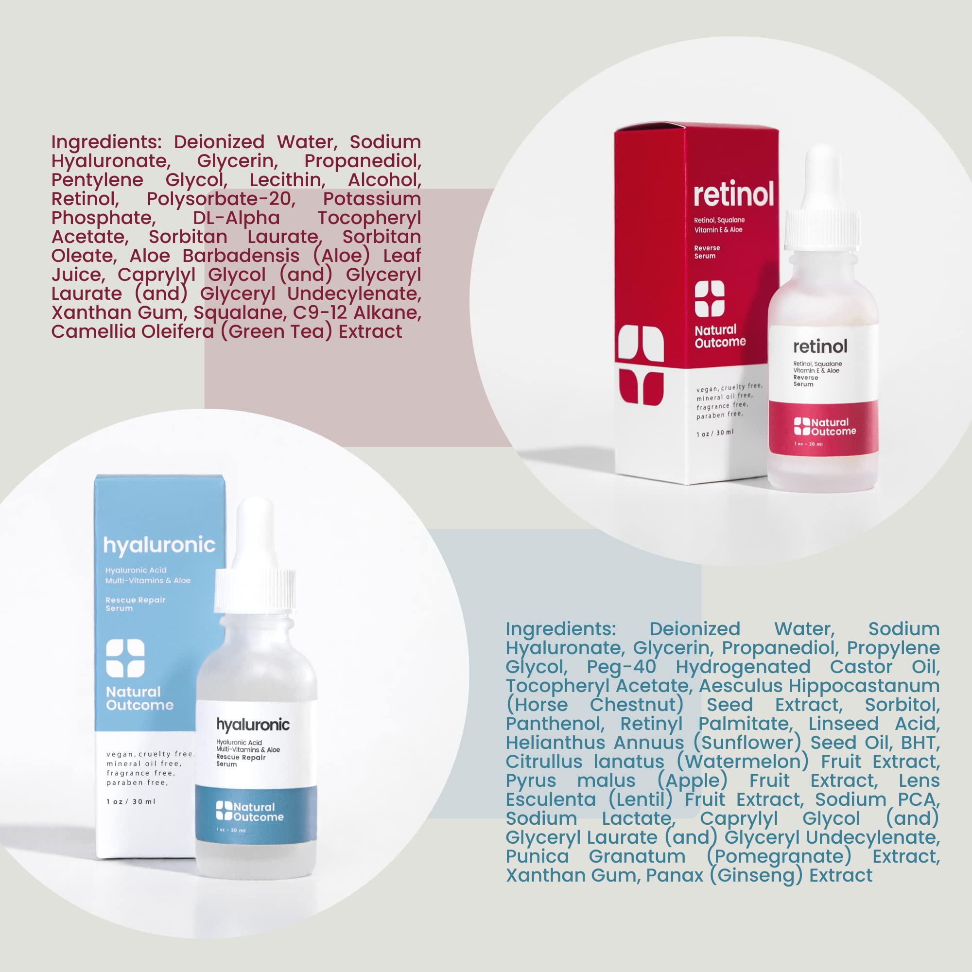 Natural Outcome Hydrating Hyaluronic Acid Serum + Retinol Facial Serum Set | 1 oz Each