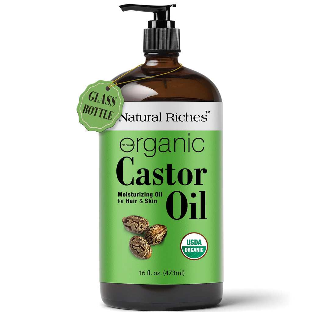 Natural Riches Organic Castor Oil – 16 oz Amber Glass, USDA Certified Organic, Cold-Pressed & Unrefined
