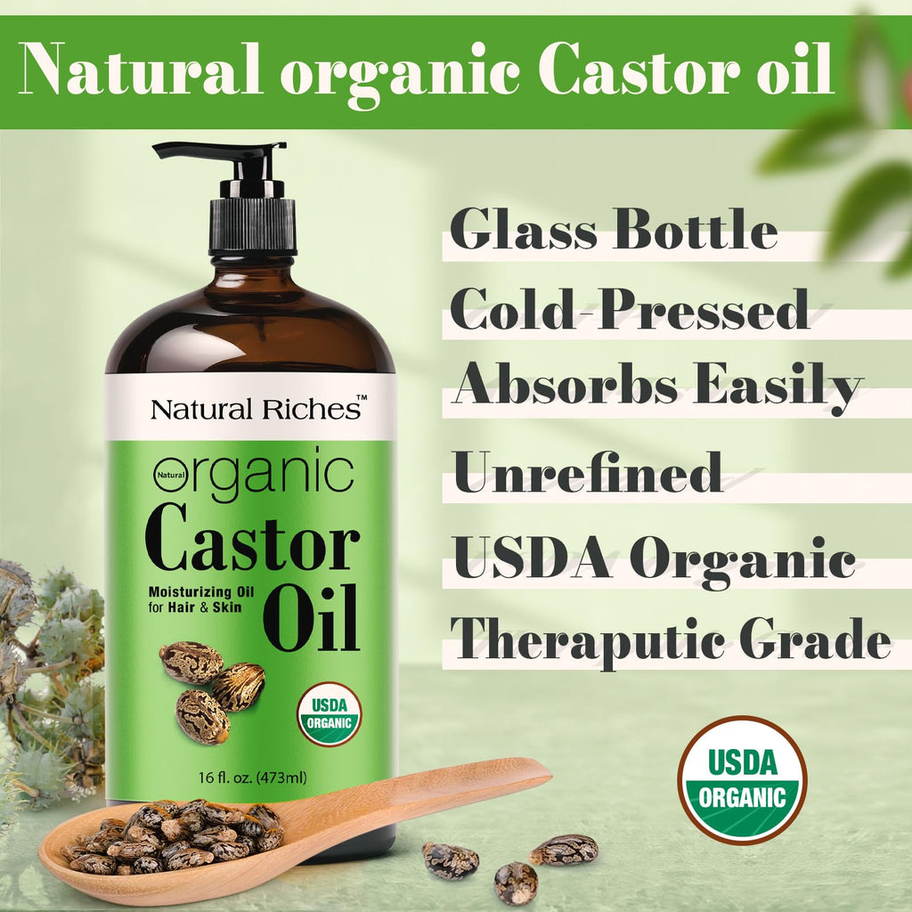 Natural Riches Organic Castor Oil – 16 oz Amber Glass, USDA Certified Organic, Cold-Pressed & Unrefined