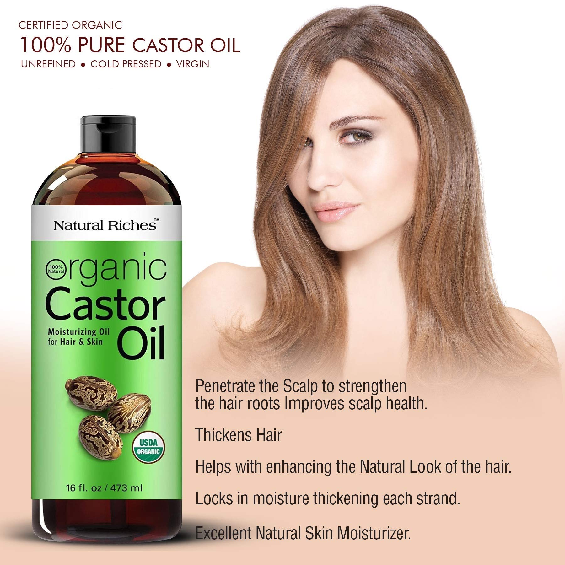 Natural Riches Organic Castor Oil – Cold-Pressed, USDA Organic, Hexane-Free, 16 oz for Hair, Skin & Lash Care