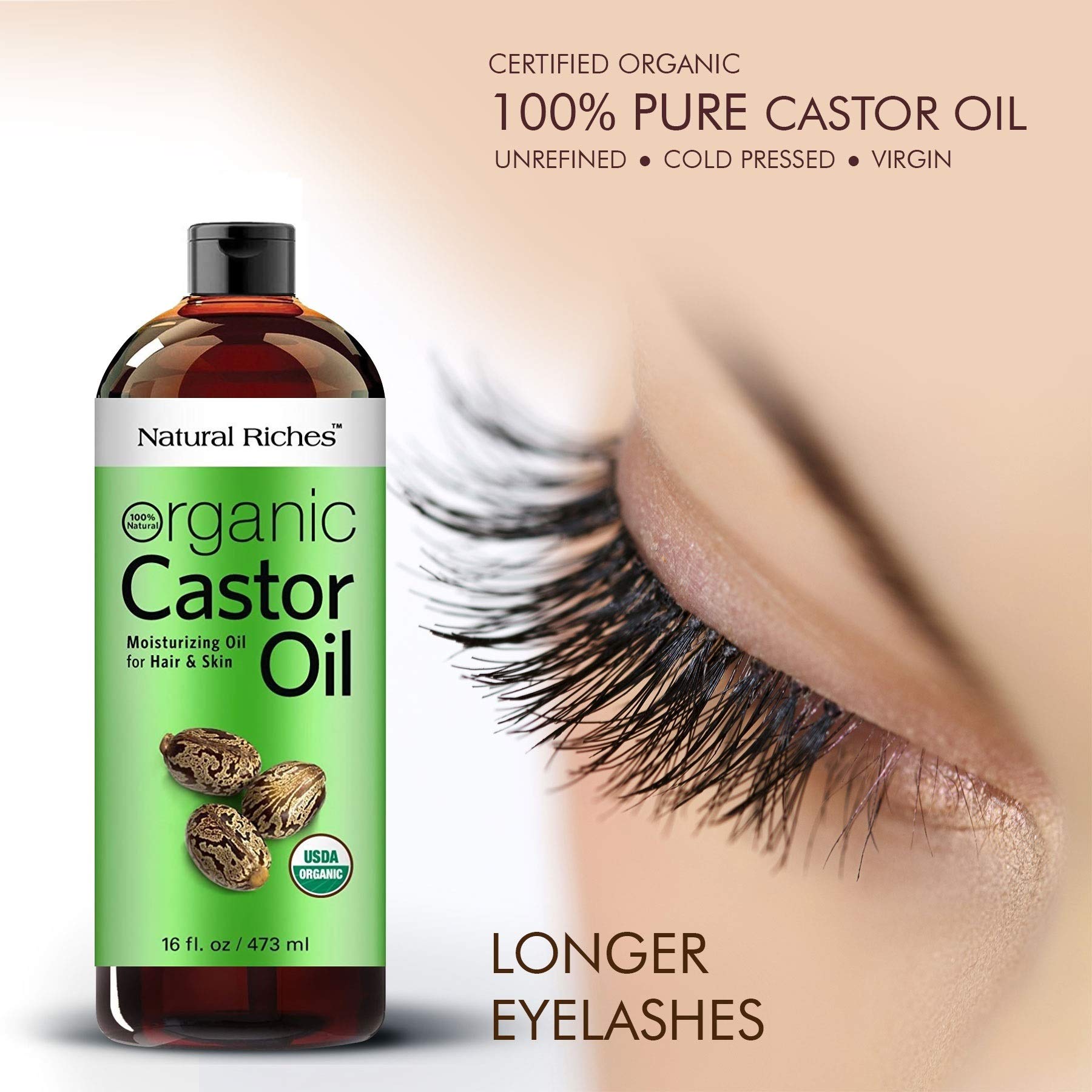 Natural Riches Organic Castor Oil – Cold-Pressed, USDA Organic, Hexane-Free, 16 oz for Hair, Skin & Lash Care