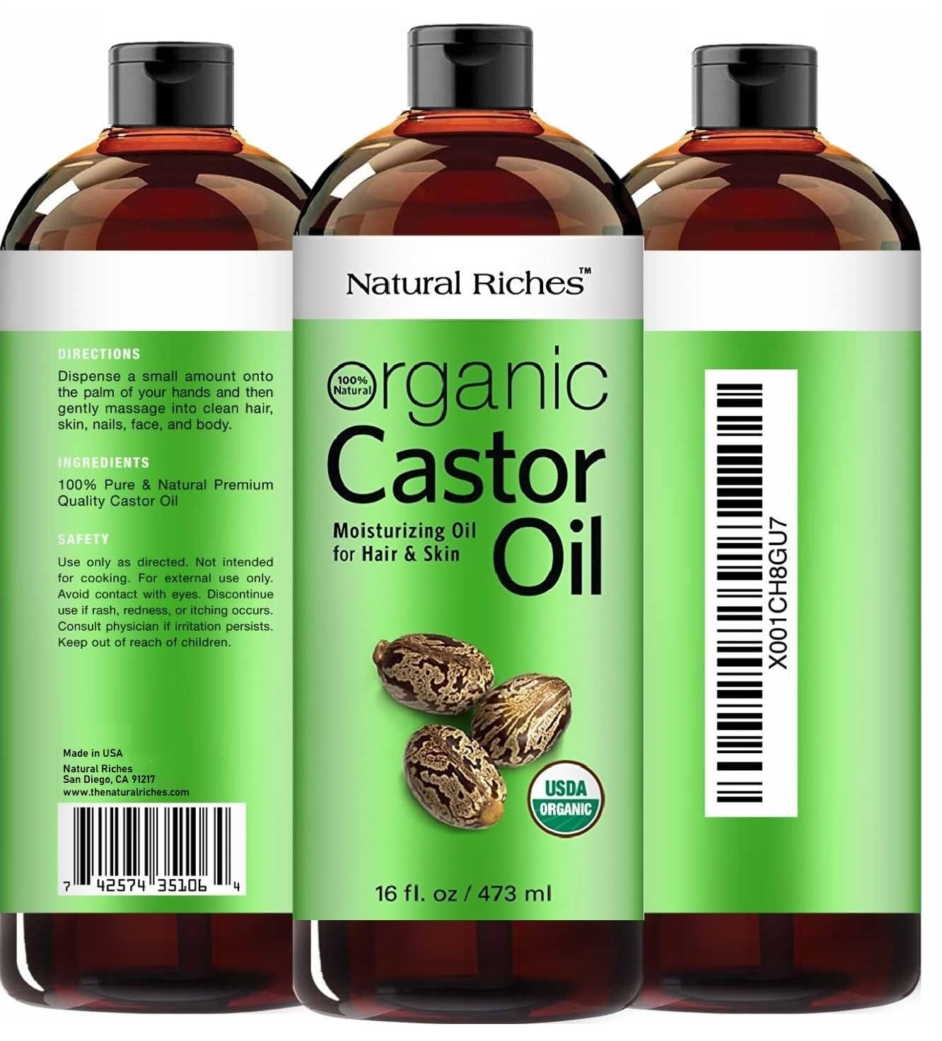 Natural Riches Organic Castor Oil – Cold-Pressed, USDA Organic, Hexane-Free, 16 oz for Hair, Skin & Lash Care