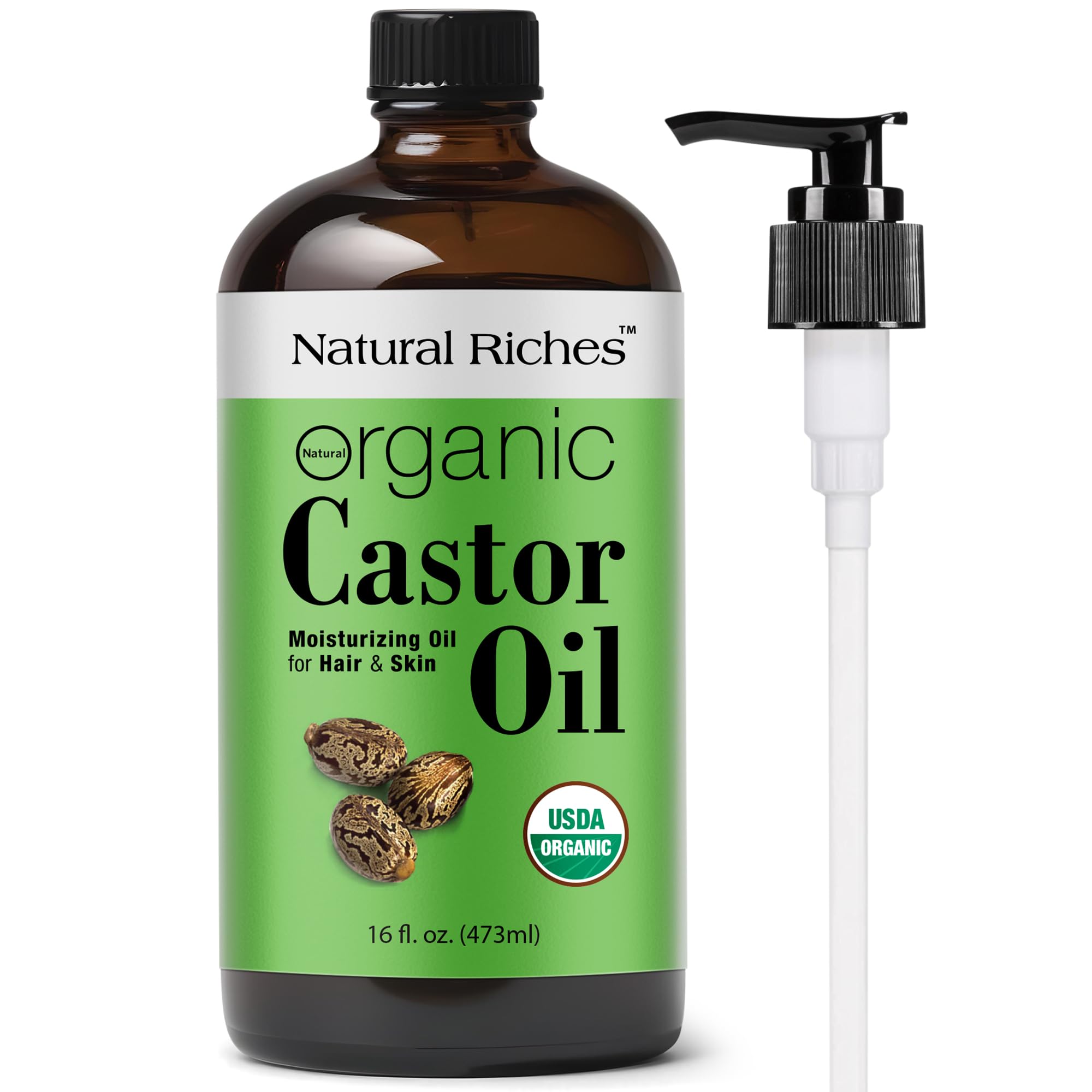 Natural Riches Organic Castor Oil – 16 oz Amber Glass, USDA Certified Organic, Cold-Pressed & Unrefined