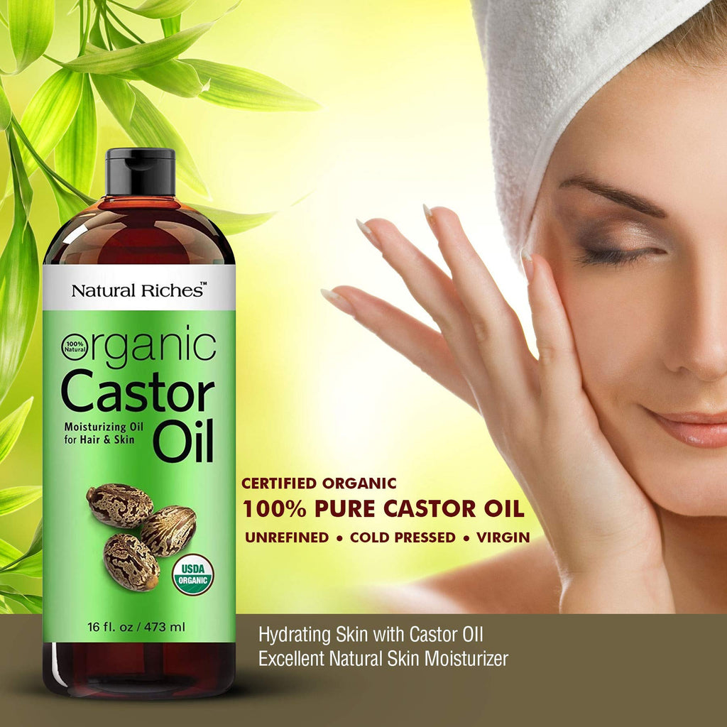 Natural Riches Organic Castor Oil – Cold-Pressed, USDA Organic, Hexane-Free, 16 oz for Hair, Skin & Lash Care