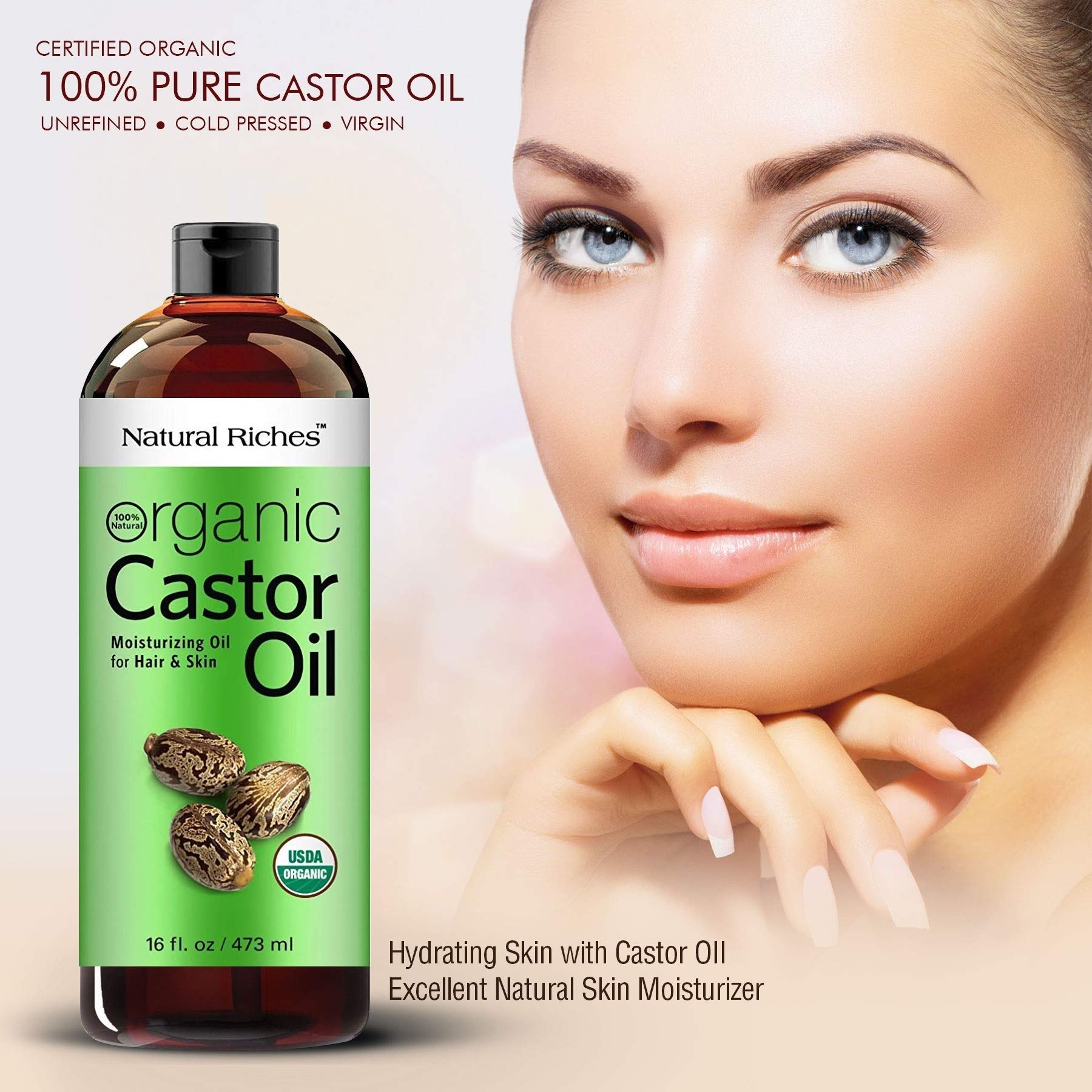 Natural Riches Organic Castor Oil – Cold-Pressed, USDA Organic, Hexane-Free, 16 oz for Hair, Skin & Lash Care