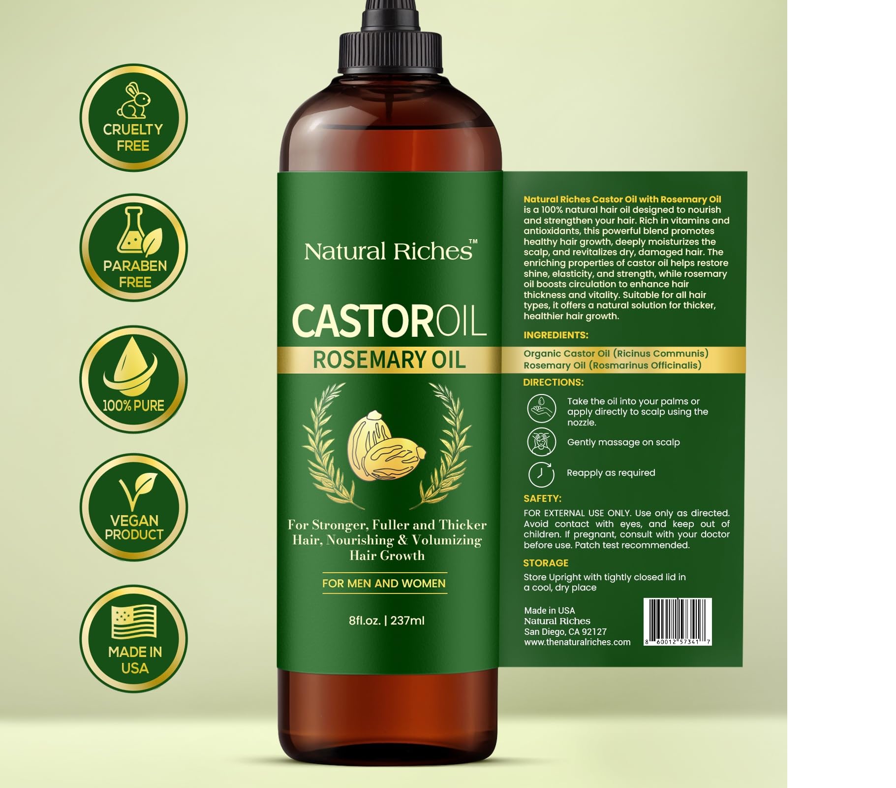 Natural Riches Castor Oil with Rosemary – 8 oz for Stronger, Fuller Hair Growth