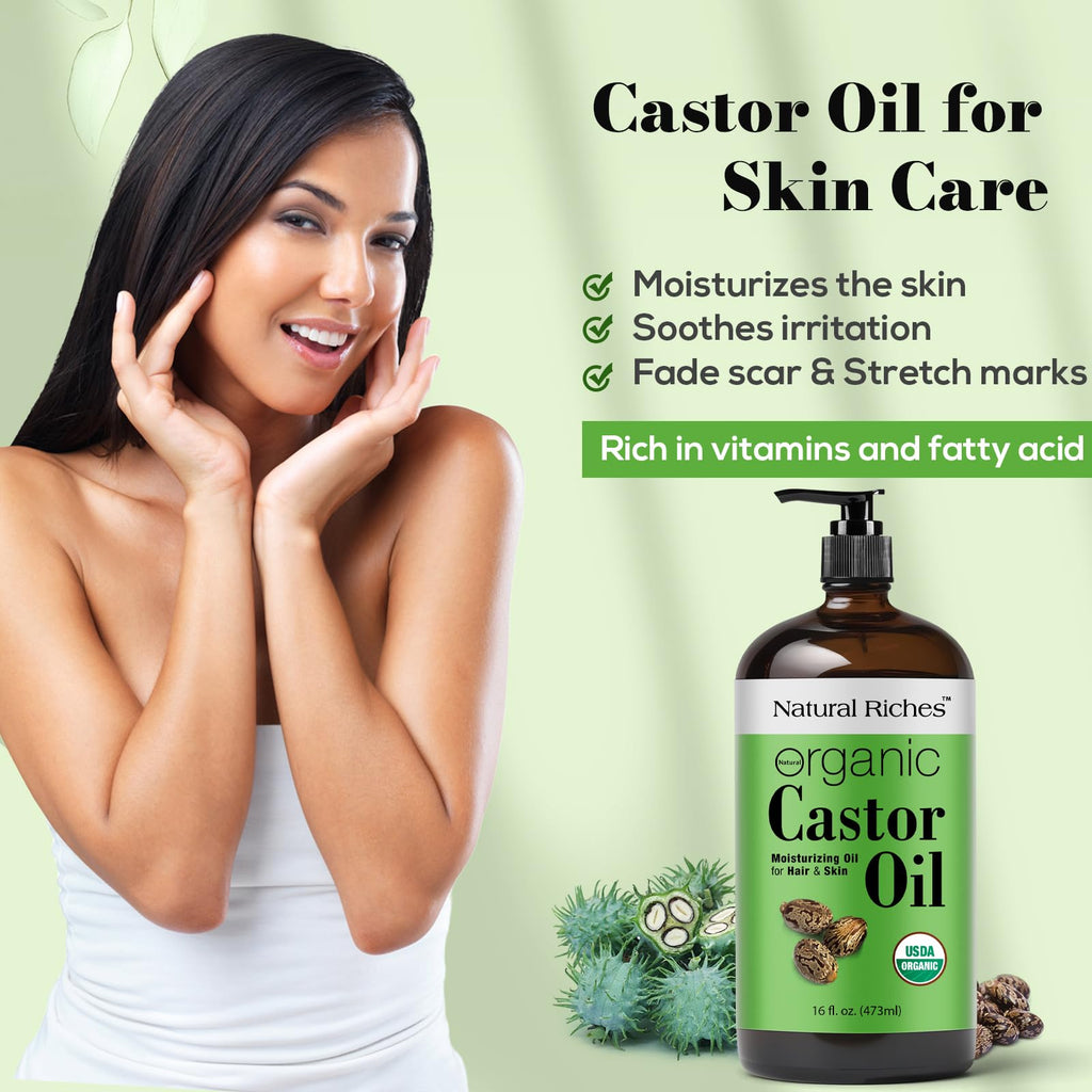 Natural Riches Organic Castor Oil – 16 oz Amber Glass, USDA Certified Organic, Cold-Pressed & Unrefined
