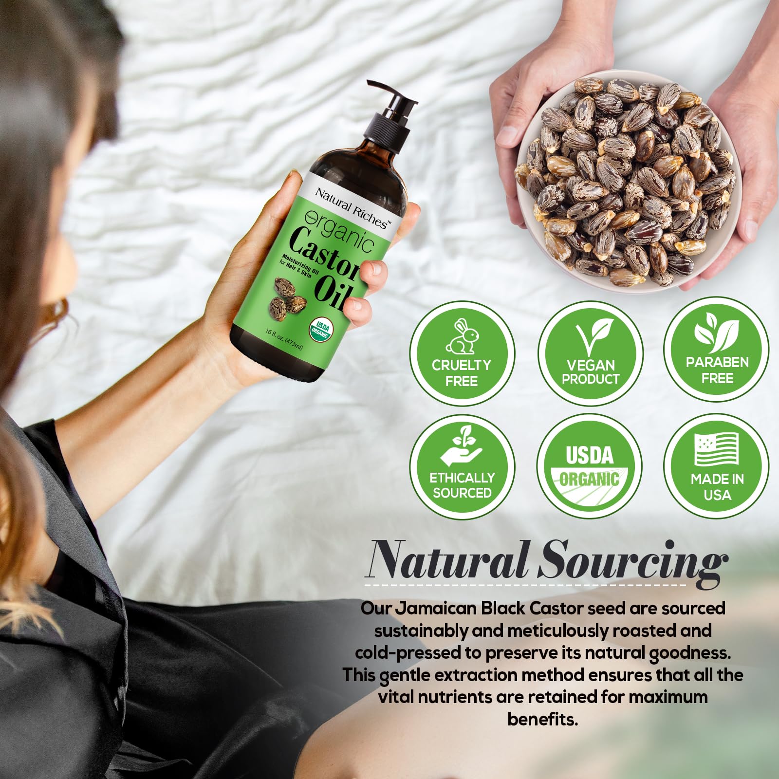 Natural Riches Organic Castor Oil – 16 oz Amber Glass, USDA Certified Organic, Cold-Pressed & Unrefined