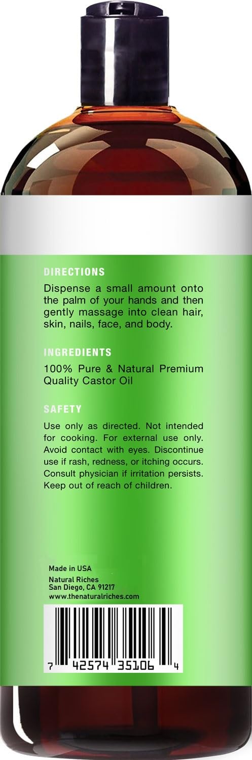 Natural Riches Organic Castor Oil – Cold-Pressed, USDA Organic, Hexane-Free, 16 oz for Hair, Skin & Lash Care