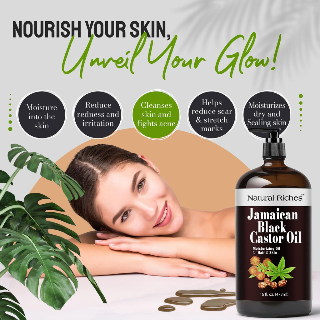 Natural Riches Jamaican Black Castor Oil – Organic Cold-Pressed, Glass Bottle, 16 oz for Hair, Skin, Lashes