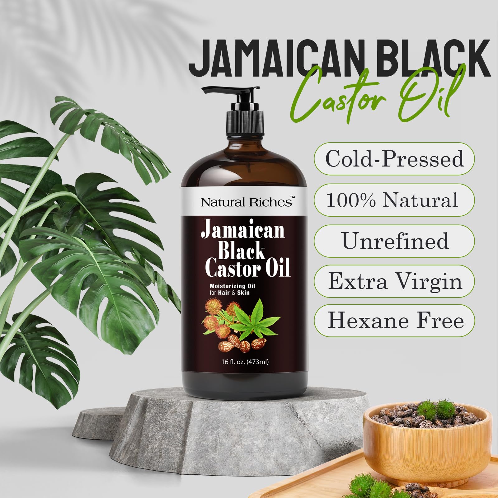 Natural Riches Jamaican Black Castor Oil – Organic Cold-Pressed, Glass Bottle, 16 oz for Hair, Skin, Lashes