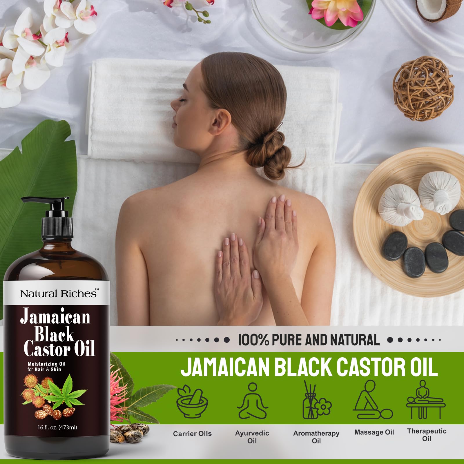 Natural Riches Jamaican Black Castor Oil – Organic Cold-Pressed, Glass Bottle, 16 oz for Hair, Skin, Lashes