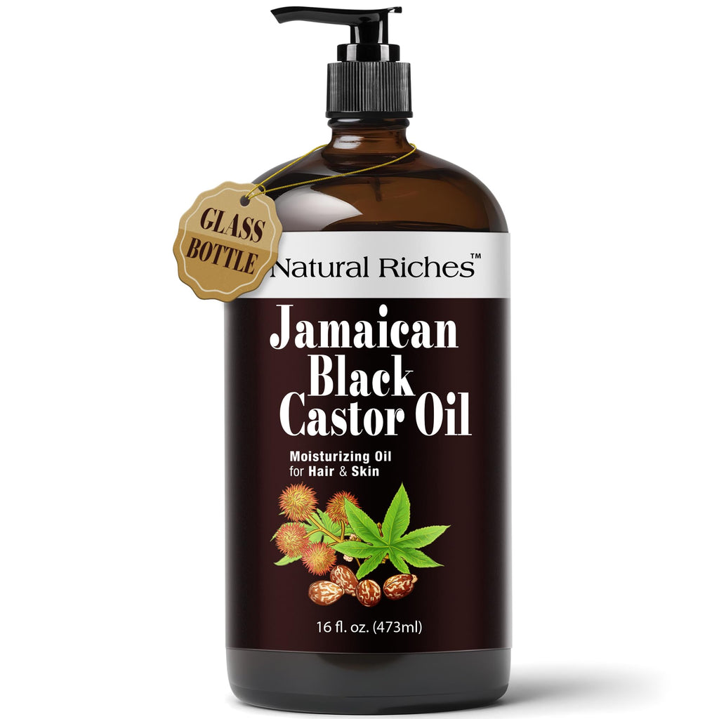 Natural Riches Jamaican Black Castor Oil – Organic Cold-Pressed, Glass Bottle, 16 oz for Hair, Skin, Lashes