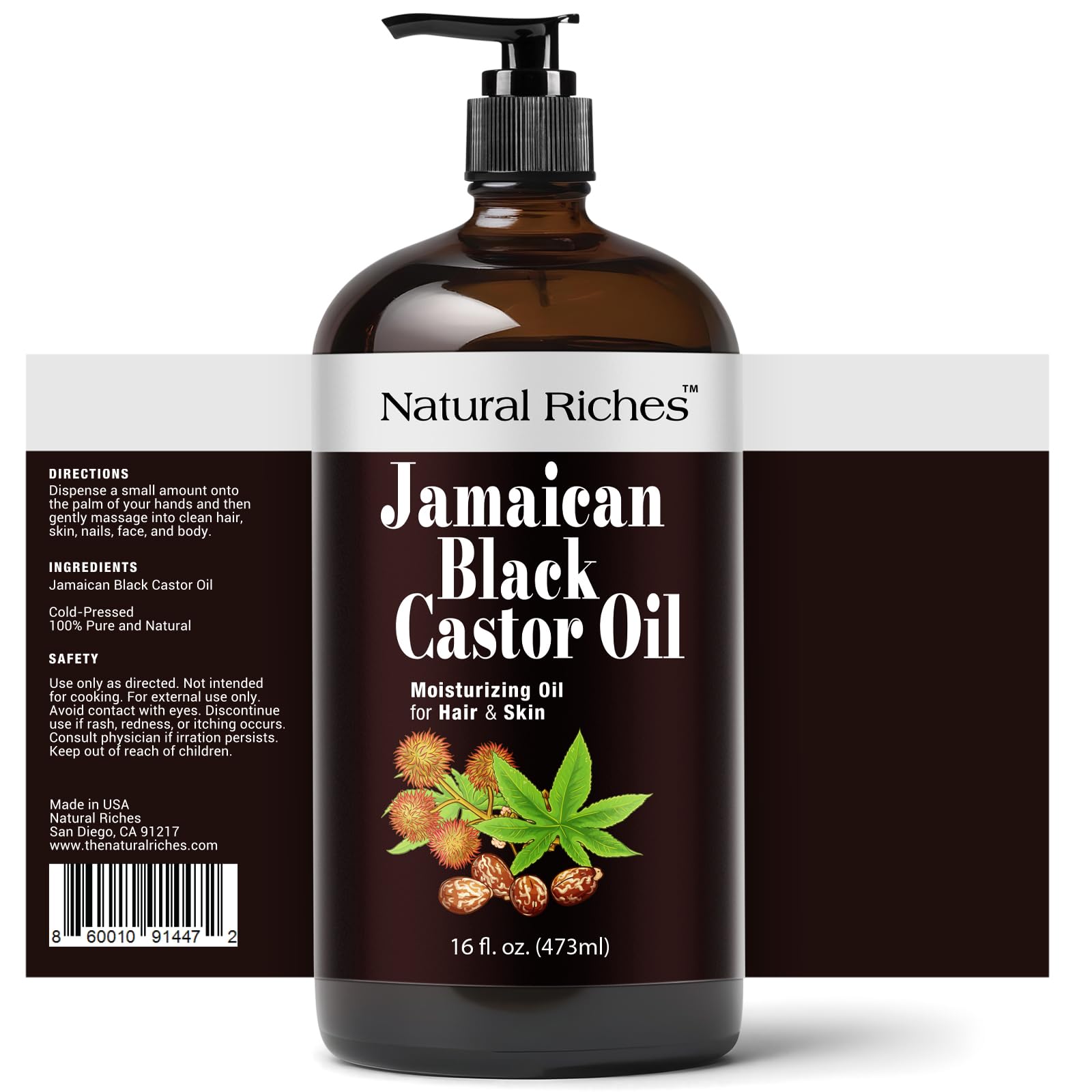Natural Riches Jamaican Black Castor Oil – Organic Cold-Pressed, Glass Bottle, 16 oz for Hair, Skin, Lashes