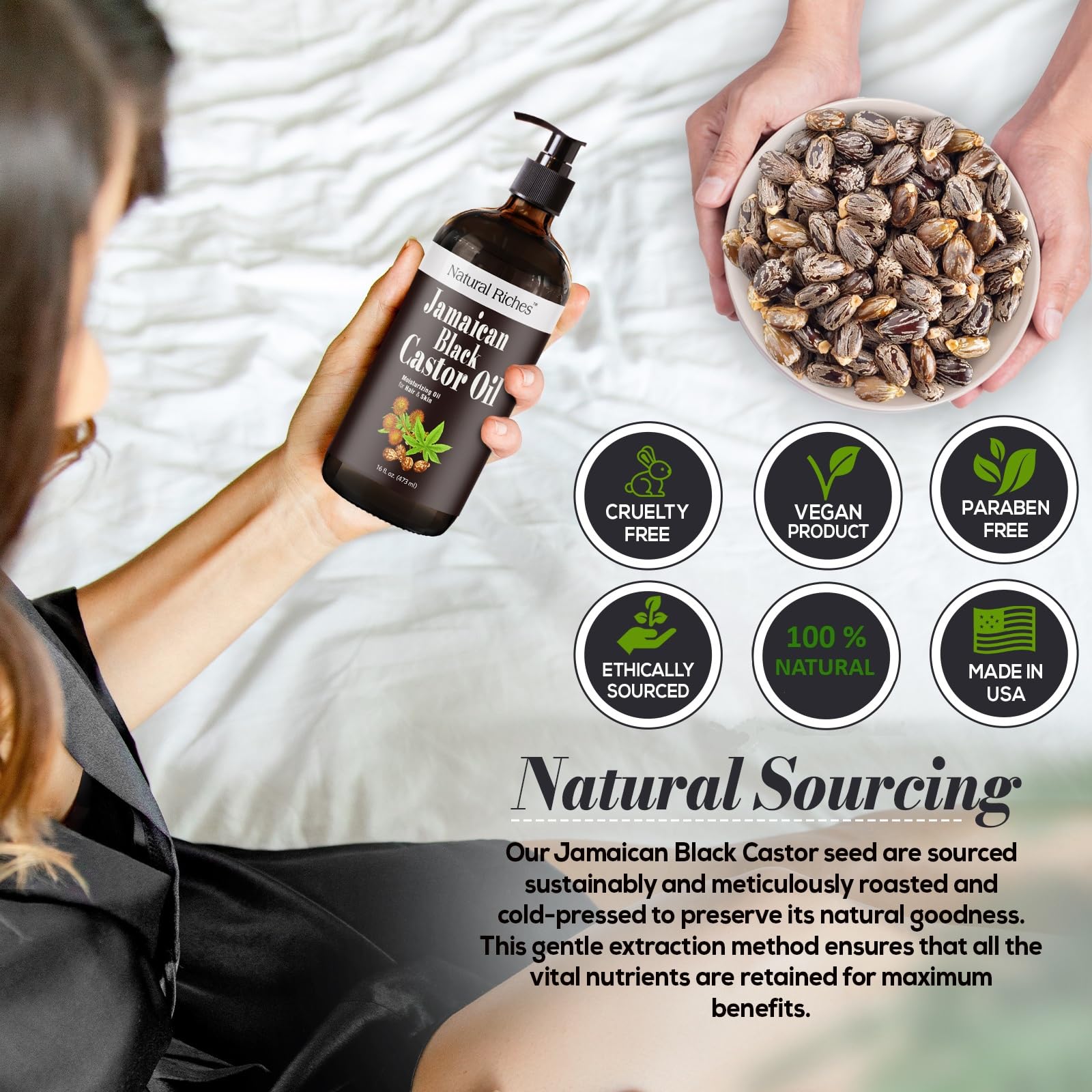 Natural Riches Jamaican Black Castor Oil – Organic Cold-Pressed, Glass Bottle, 16 oz for Hair, Skin, Lashes