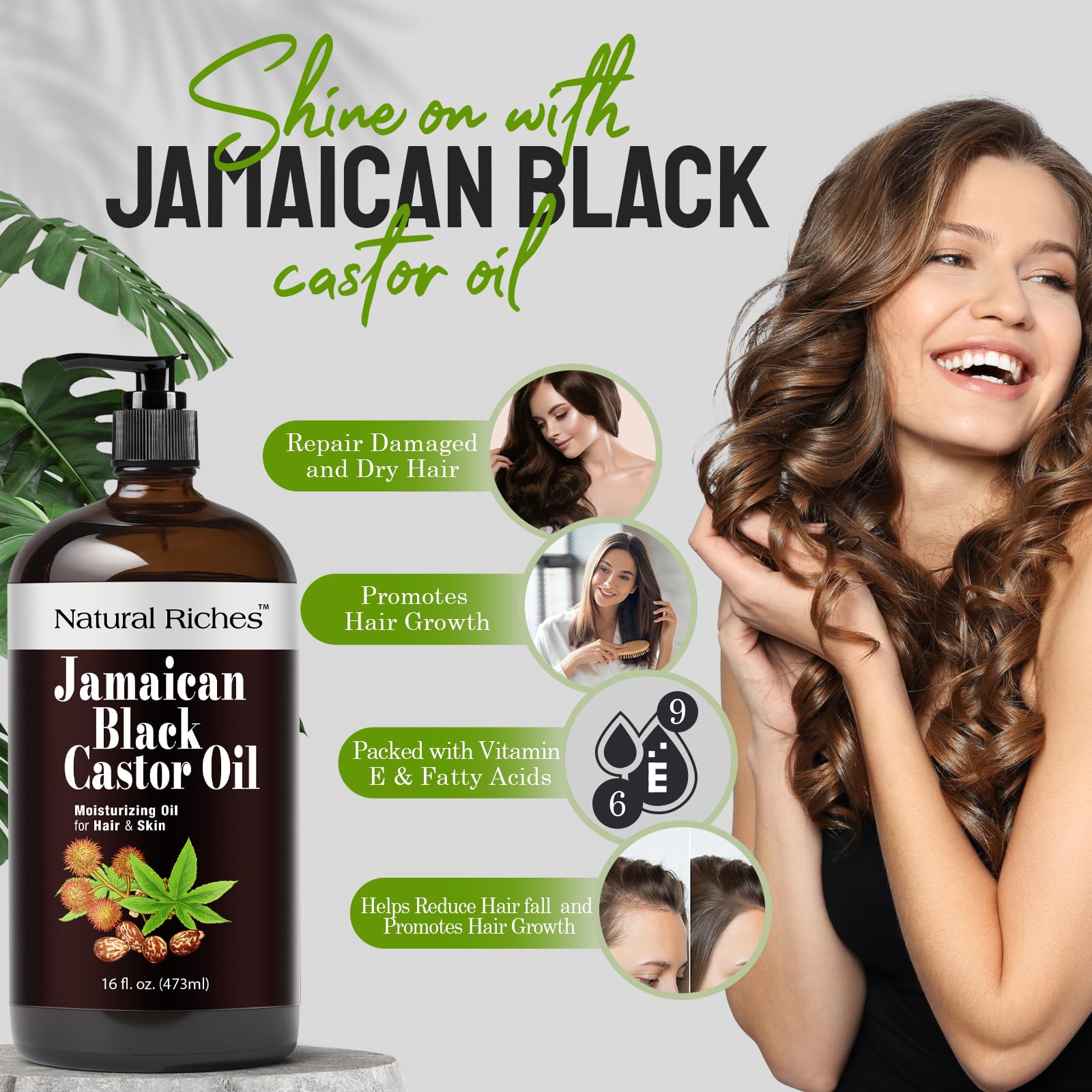 Natural Riches Jamaican Black Castor Oil – Organic Cold-Pressed, Glass Bottle, 16 oz for Hair, Skin, Lashes