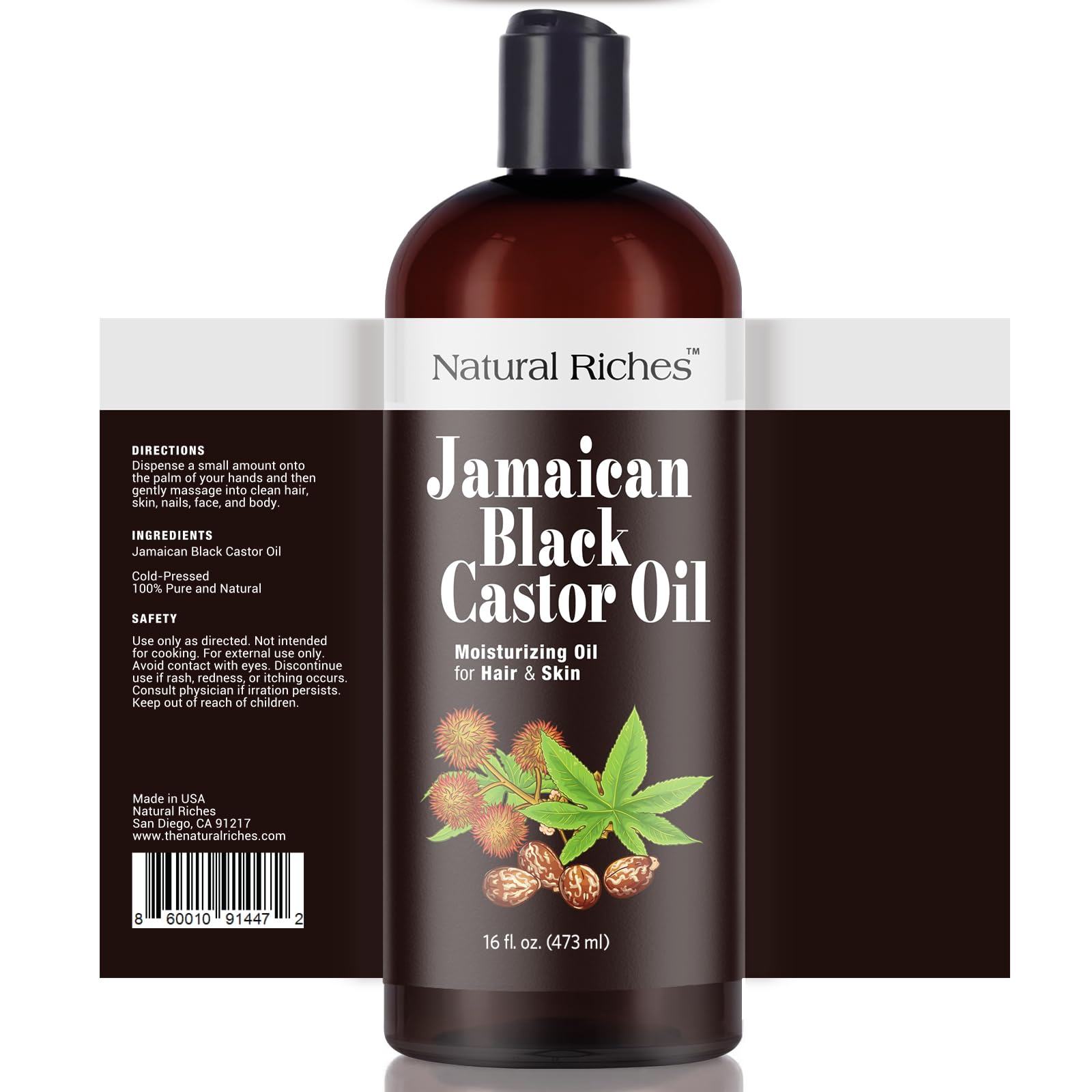 Natural Riches Jamaican Black Castor Oil – Organic Cold-Pressed, 16 oz for Hair, Skin, Lashes