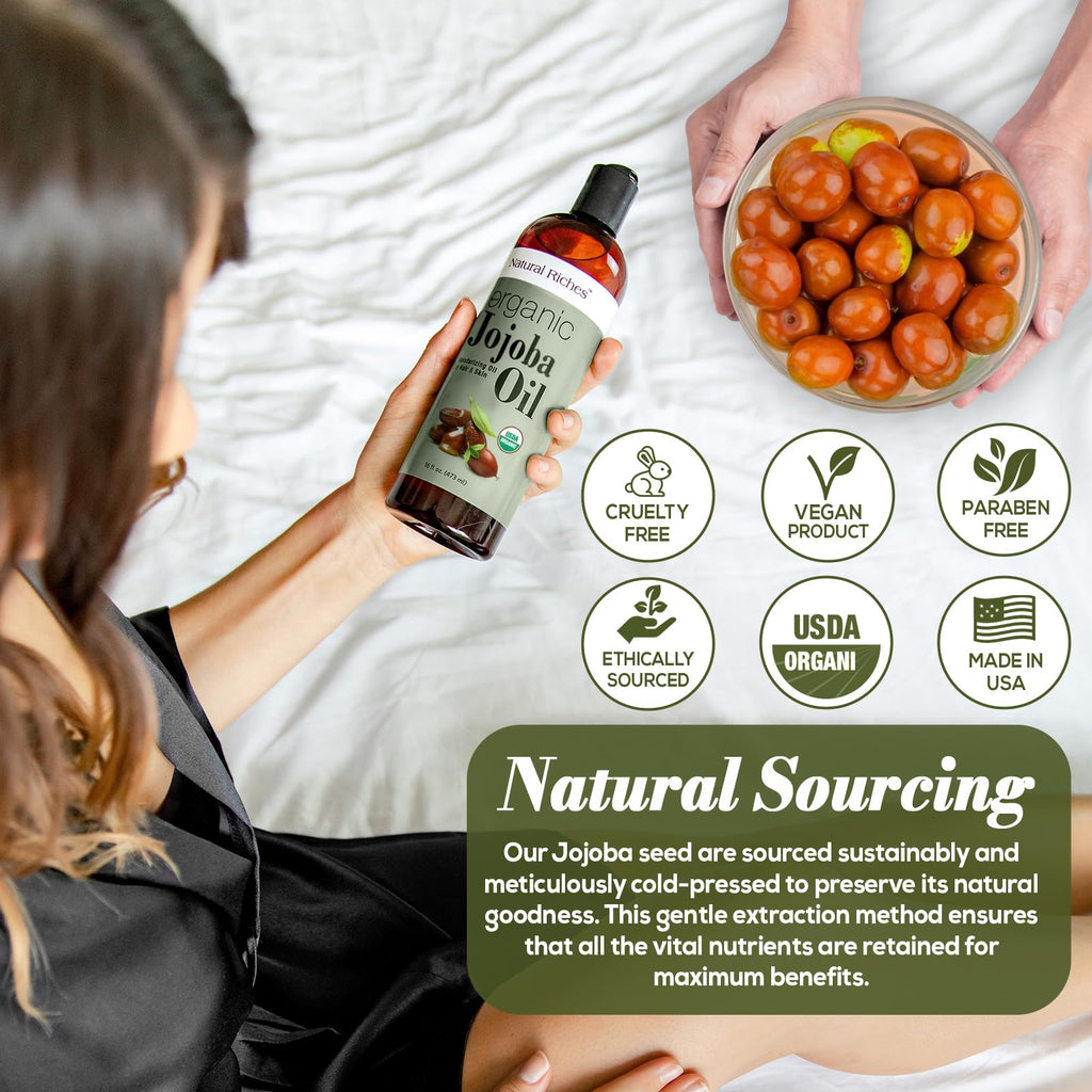 Natural Riches Organic Jojoba Oil, 16 oz | Pure, Cold-Pressed Carrier Oil for Face, Hair & Nails