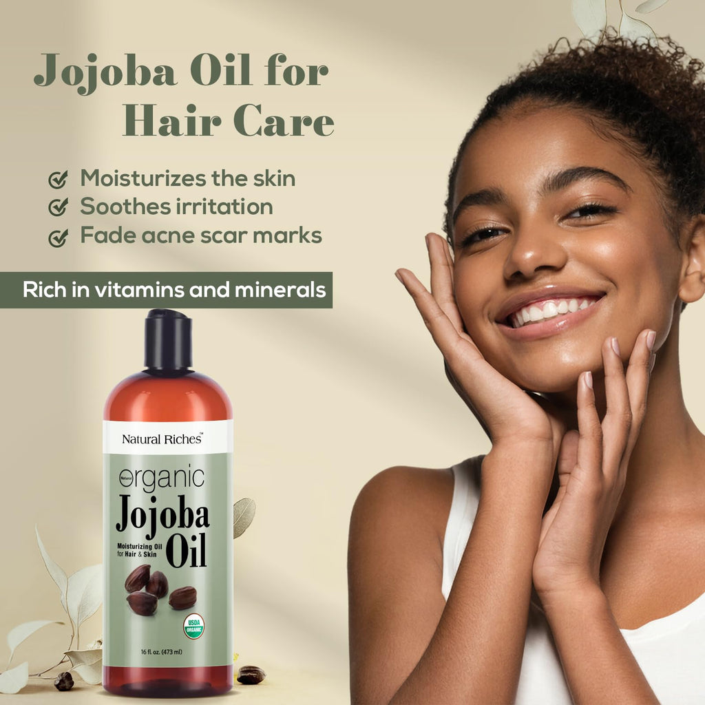 Natural Riches Organic Jojoba Oil, 16 oz | Pure, Cold-Pressed Carrier Oil for Face, Hair & Nails