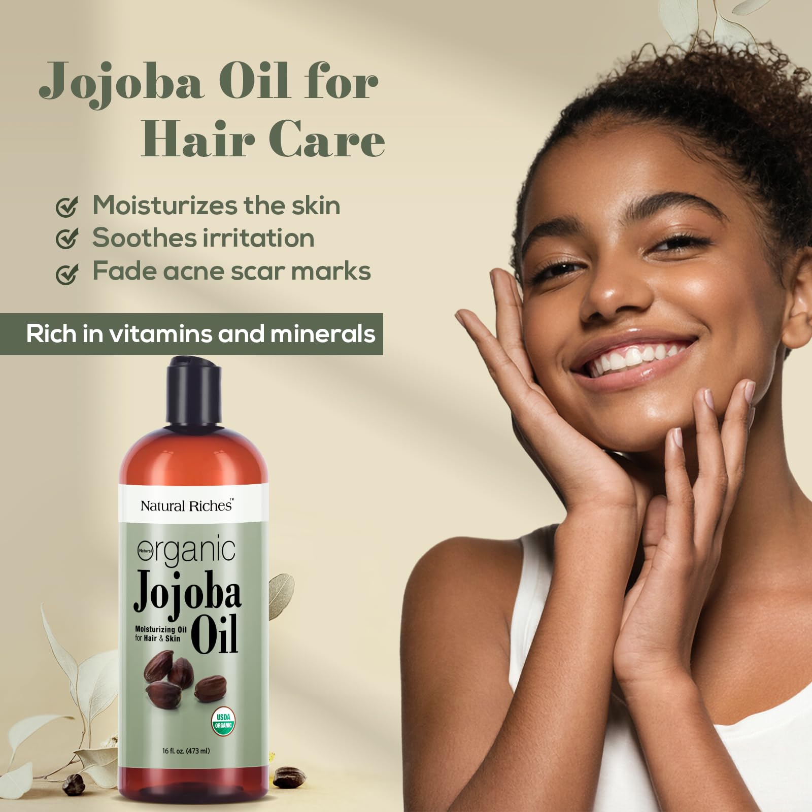 Natural Riches Organic Jojoba Oil, 16 oz | Pure, Cold-Pressed Carrier Oil for Face, Hair & Nails