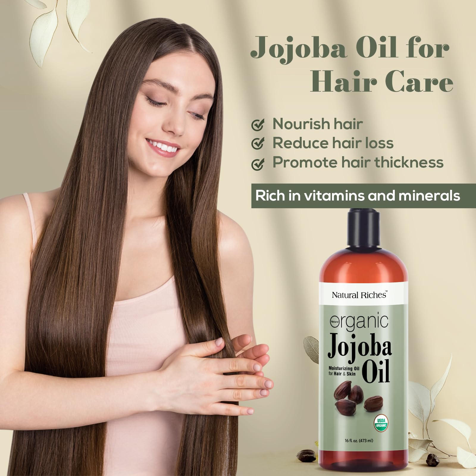 Natural Riches Organic Jojoba Oil, 16 oz | Pure, Cold-Pressed Carrier Oil for Face, Hair & Nails