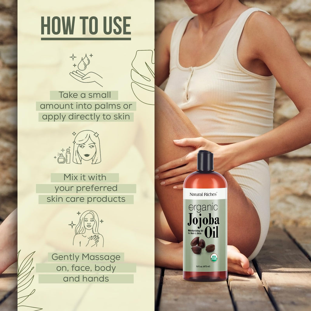 Natural Riches Organic Jojoba Oil, 16 oz | Pure, Cold-Pressed Carrier Oil for Face, Hair & Nails