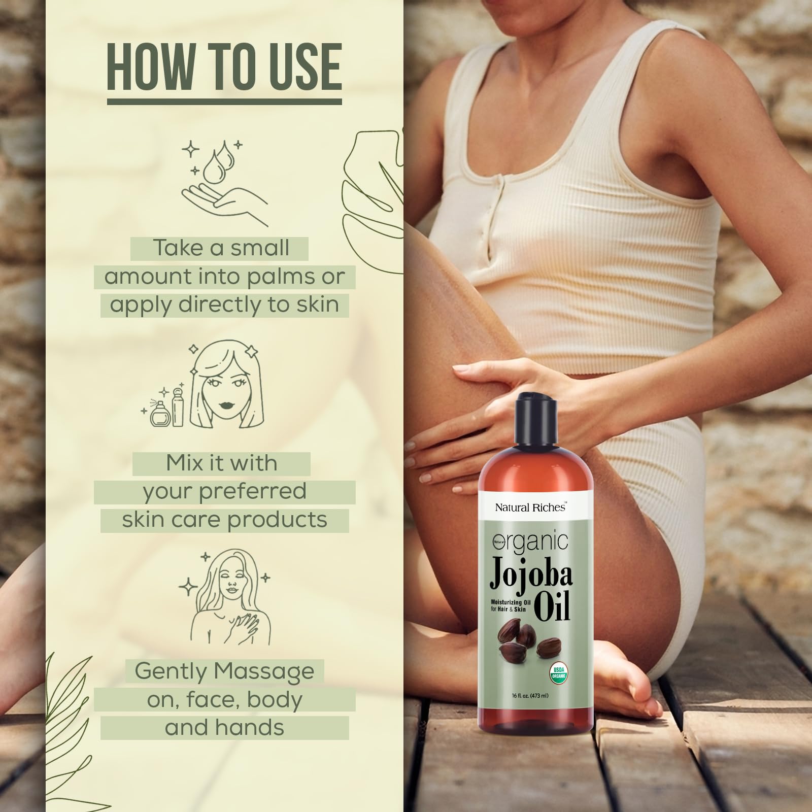 Natural Riches Organic Jojoba Oil, 16 oz | Pure, Cold-Pressed Carrier Oil for Face, Hair & Nails