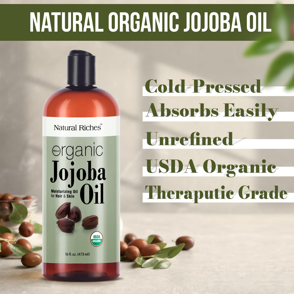 Natural Riches Organic Jojoba Oil, 16 oz | Pure, Cold-Pressed Carrier Oil for Face, Hair & Nails