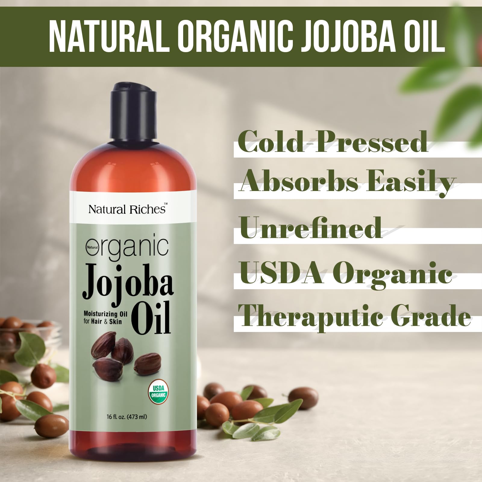 Natural Riches Organic Jojoba Oil, 16 oz | Pure, Cold-Pressed Carrier Oil for Face, Hair & Nails