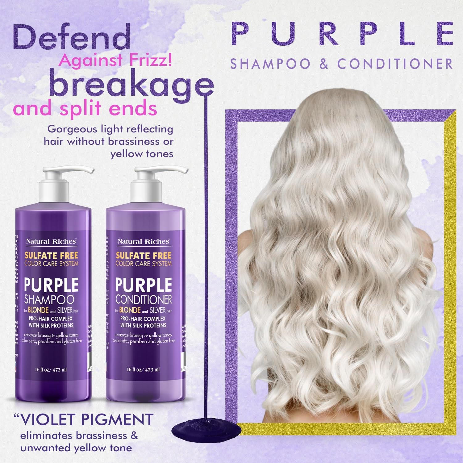 Natural Riches Purple Shampoo & Conditioner Set for Blonde, Silver & Grey Hair – Sulfate-Free (16x2 fl oz)